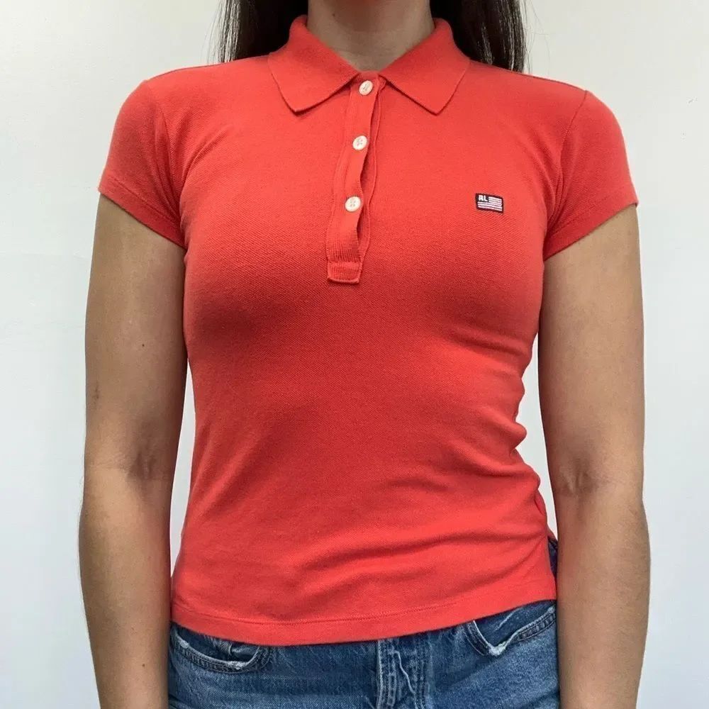 Y2K Polo Ralph Lauren Red Preppy Short Sleeve Polo Shirt Collared Cotton Size S